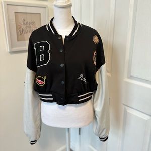 Varsity Patched Black Cropped Bomber Jacket White faux leather Sleeves - sz M